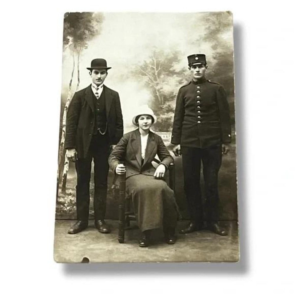 Postcard RPPC Seated Woman Two Men 1910s Fashion C305